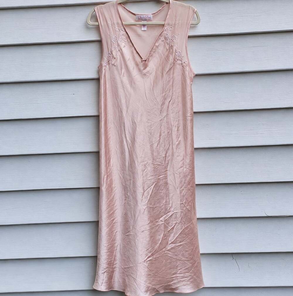 Oscar de la Renta Pink Label L Pink Satin Nightgown Maxi Embroidered Y2K